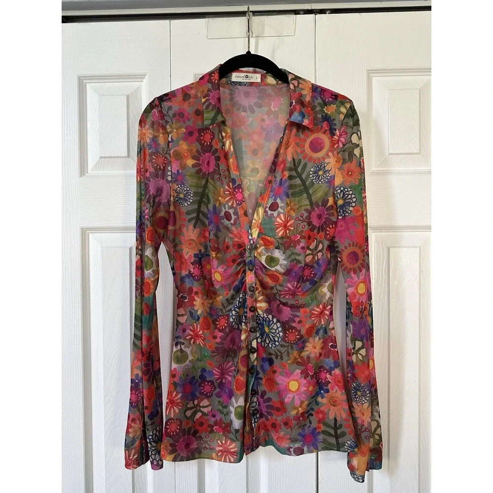 Natural Life Carina Mesh Top V-Neck Blouse Women L Long Sleeve Boho Floral Artsy